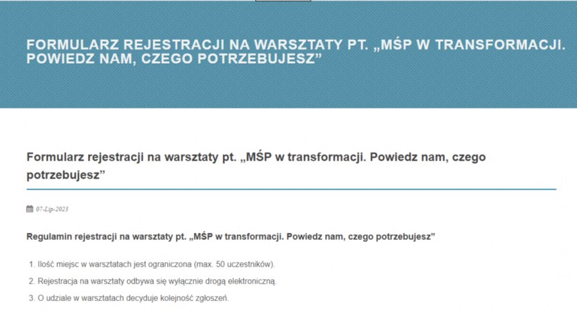 Na zdjęciu strona rejestracji na warsztaty