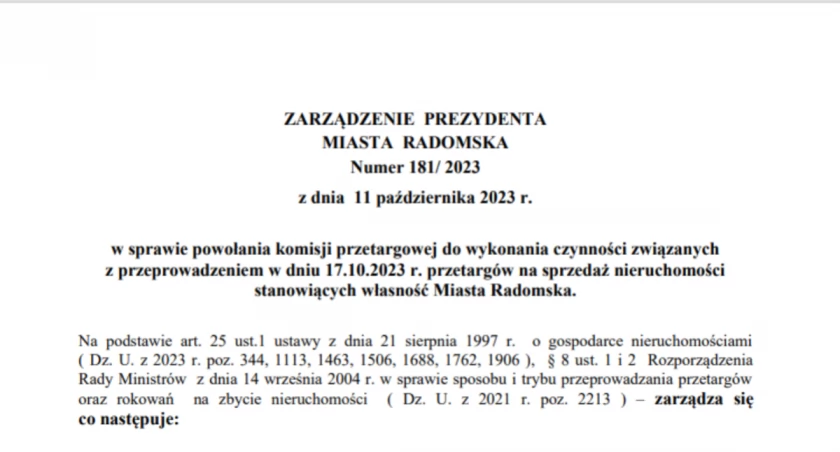Na zdjęciu zarządzenie prezydenta, fot. Urząd Miasta Radomska