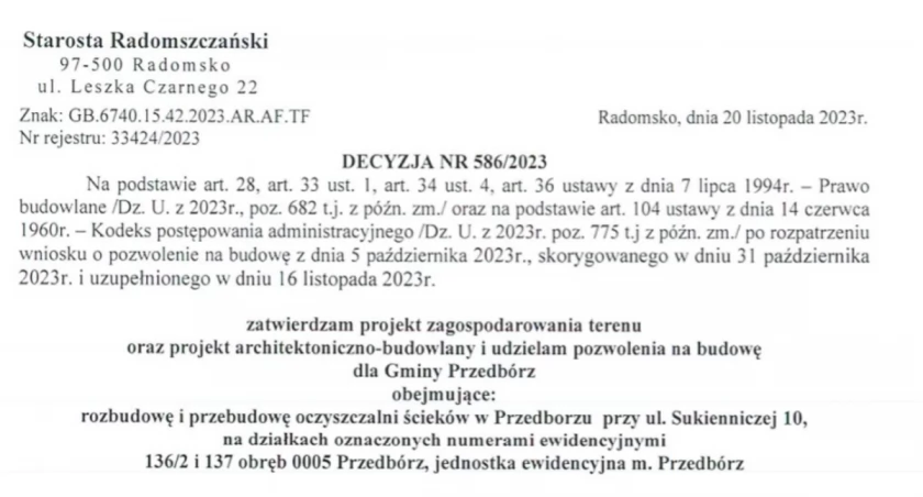 Na zdjęciu decyzja starostwa, fot. Starostwo Powiatowe w Radomsku