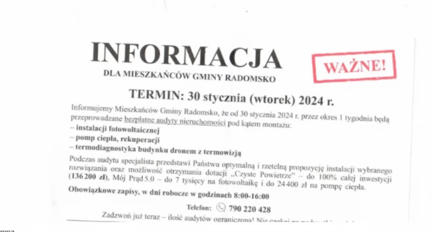 Na zdjęciu ulotka, przed którą ostrzega UG Radomsko