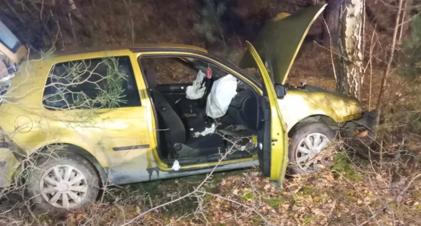 Na zdjęciu samochód, który uderzył w drzewo, fot. Facebook/OSP Kobiele Wielkie i KPP Radomsko