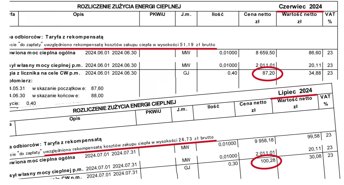 Na zdjęciu rachunek z czerwca i lipca 2024, który otrzymał nasz czytelnik