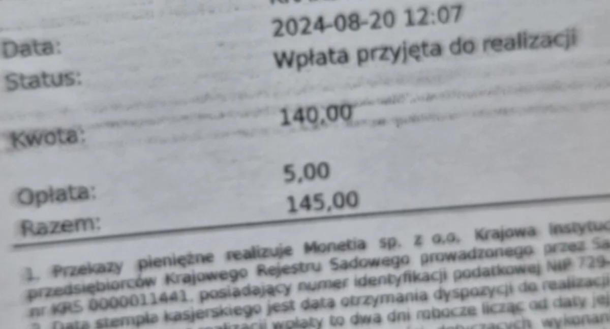 Na zdjęciu: Dowód wpłaty z naliczona prowizją