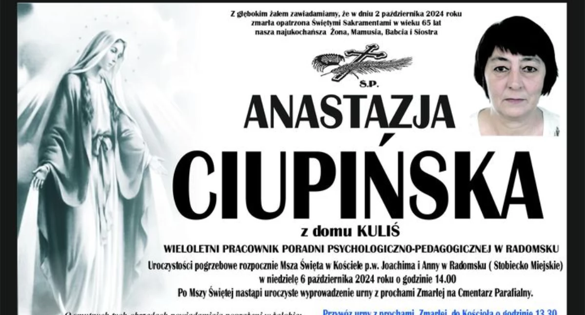 Na zdjęciu: Nekrolog Anastazji Ciupińskiej