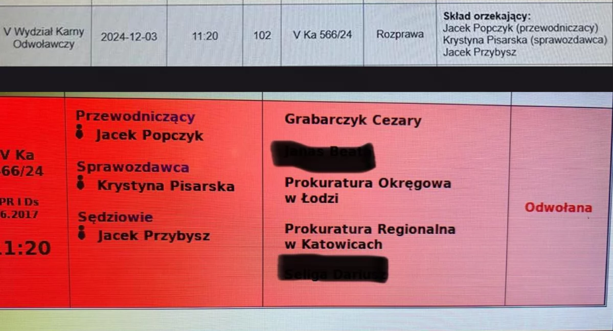 Na zdjęciu wokanda Sąd Okręgowego w Łodzi, 3 grudnia 2024. Godziny 9.37 i 10.59