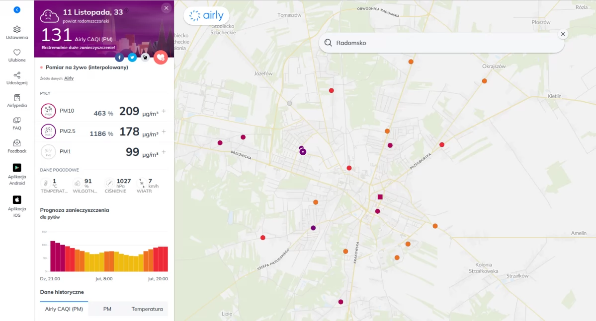 Na zdjęciu: Zrzut ekranu ze strony airly.com