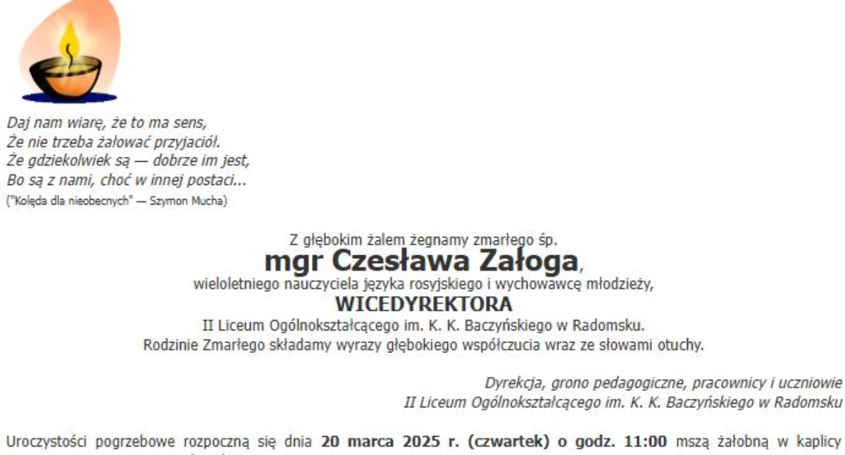 Na zdjęciu: Zmarł Czesław Załoga, fot. Facebook/II LO Radomsko