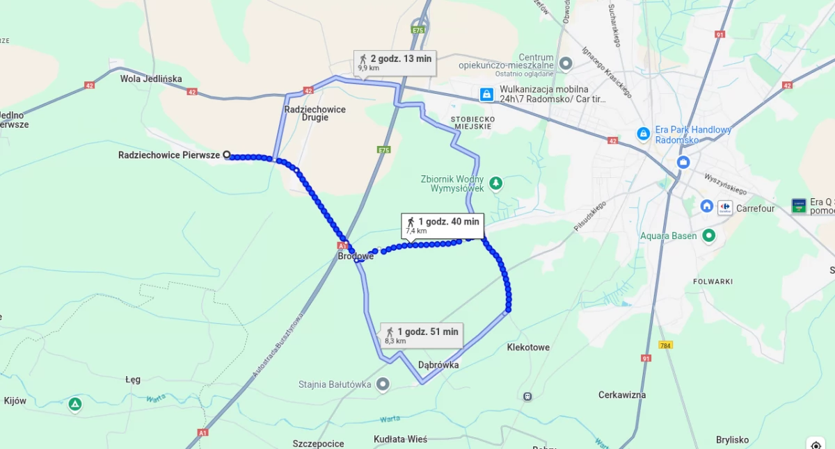 Na zdjęciu: Mężczyzna pokonał około siedmiu, ośmiu kilometrów, fot. zrzut ekranu Google Maps
