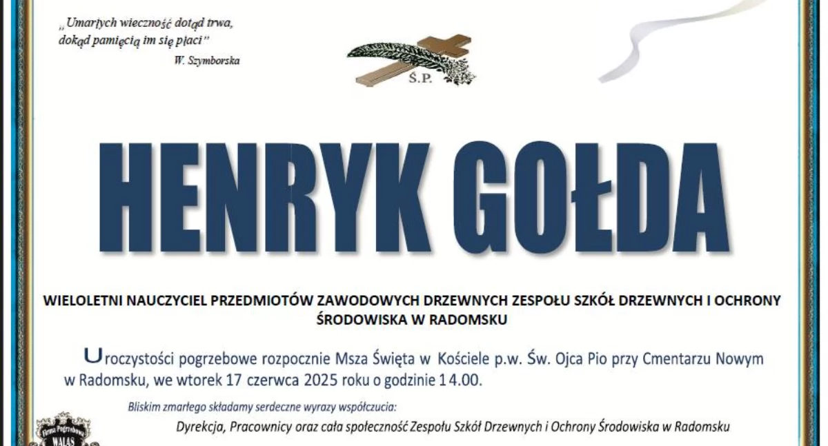 Ludzie, Odszedł Henryk Gołda wieloletni nauczyciel Zespole Szkół Drzewnych Ochrony Środowiska - zdjęcie, fotografia