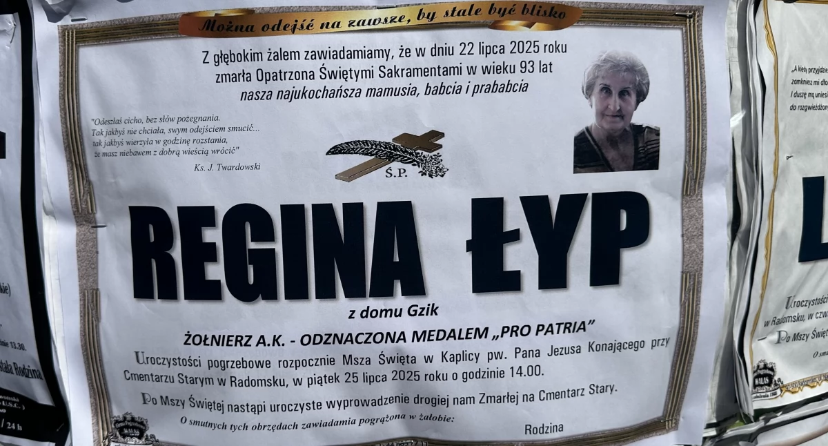 Na zdjęciu: nekrolog Ś.P. Reginy Łyp, której ostatnie pożegnanie odbędzie się w piątek 25 lipca