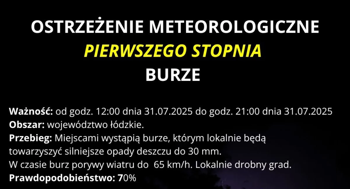 Na zdjęciu: Ostrzeżenie meteorologiczne, fot. Facebook/Wojewódzkie Centrum Zarządzania Kryzysowego Łódzkiego Urzędu Wojewódzkiego 
