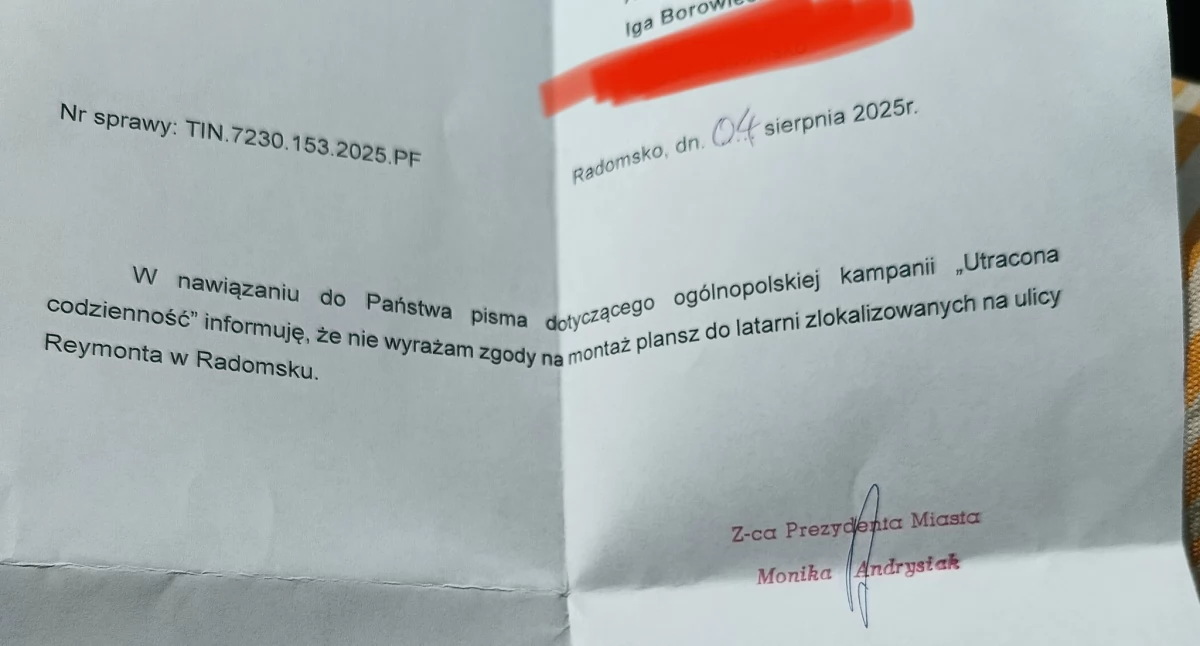 Na zdjęciu: Pismo odmowne z UM, fot. Facebook/Iga Borowiecka-Grzywacz