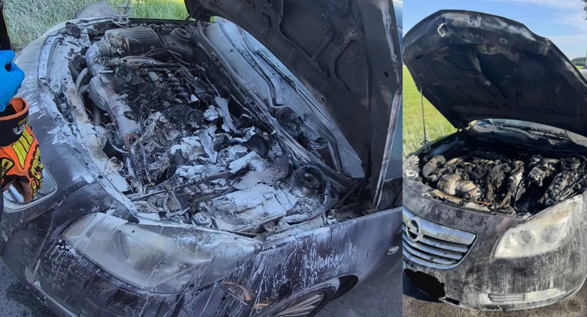 Na zdjęciu: w środę rano, w samochodzie marki opel doszło do zapłonu. Pomogli druhowie z dwóch jednostek OSP, fot. OSP KSRG Żytno, OSP KSRG Silnica