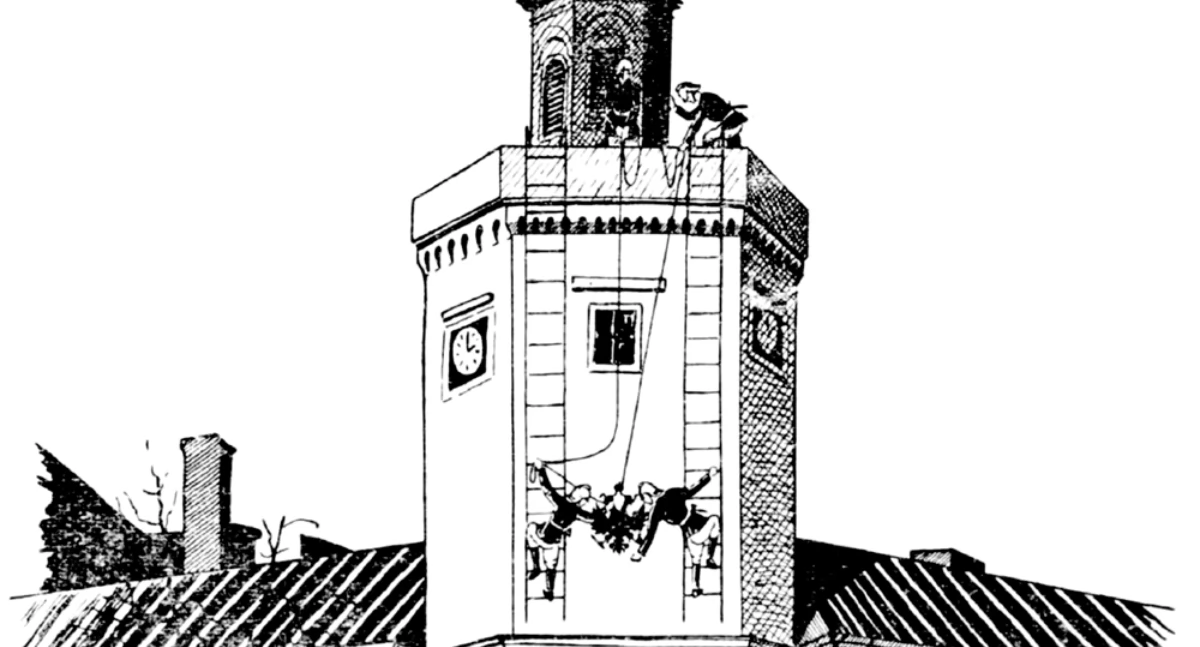 Na zdjęciu: Demontaż rosyjskiego godła z ratusza. Rysunek z pierwszej strony Gazety Radomskowskiej  (Nr 23, Radomsko, niedziela  31 maja 1936 r.) 