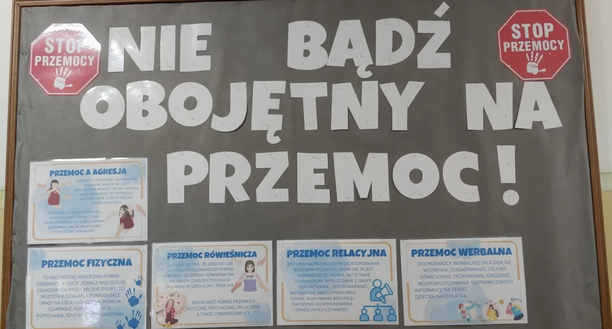Na zdjęciu: gazetka szkolna w ramach akcji pt. Tydzień Przeciwdziałania Przemocy Rówieśniczej, fot. Szkoła Podstawowa im. Henryka Sienkiewicza w Bloku Dobryszyce