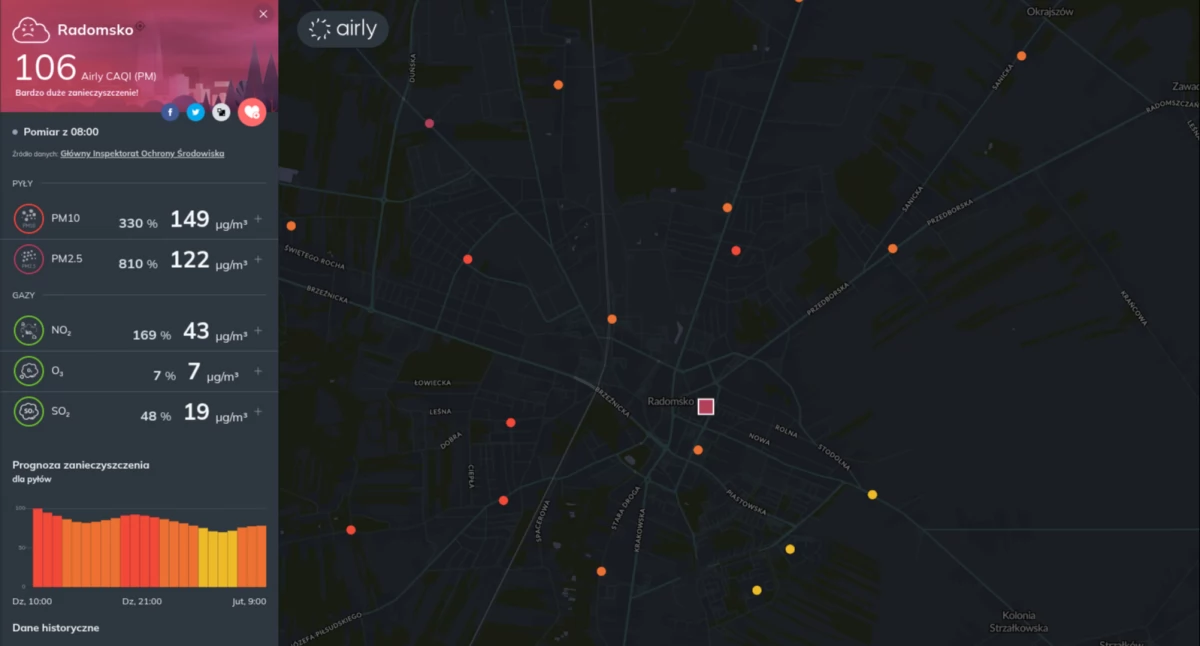 Na zdjęciu: Airly pokazuje stan powietrza w Radomsku. Jest tragicznie