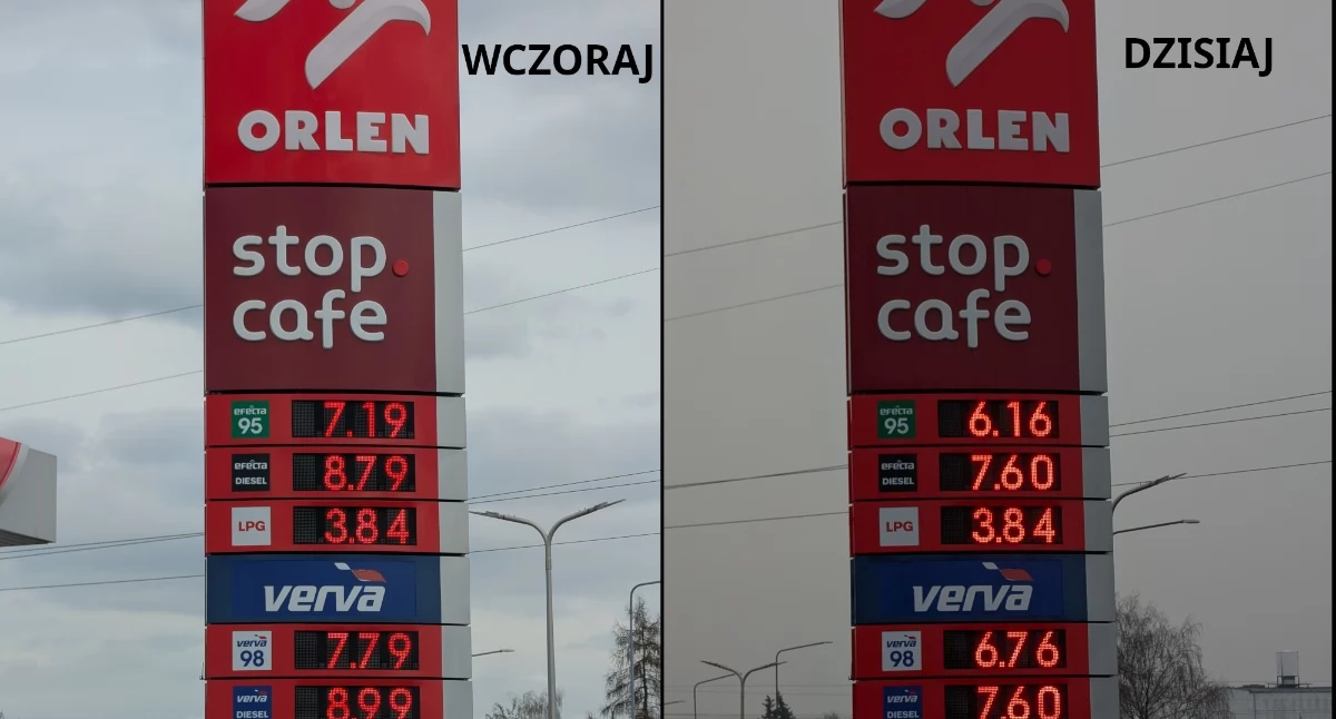 Na zdjęciu: Pylon na stacji Orlenu w poniedziałek po południu i we wtorek rano