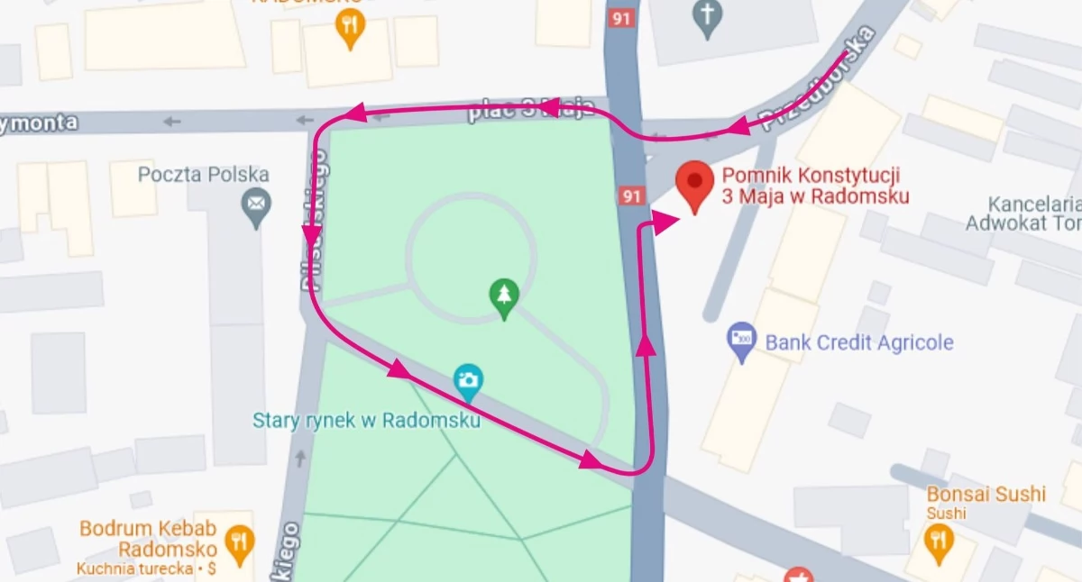 Na zdjęciu: Mapka z trasą planowanego przemarszu, fot. Facebook/Radomsko Miasto Otwarte