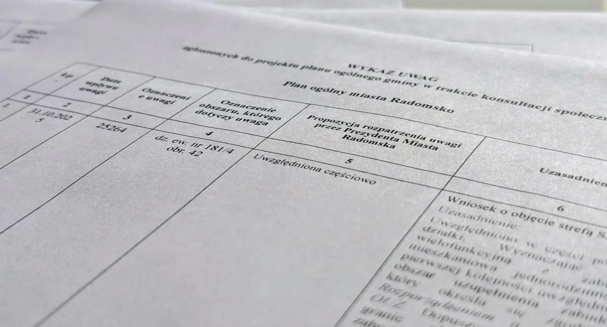 Na zdjęciu zestawienie uwag i propozycje rozpatrzenia bądź nie przygotowane przez urząd miasta