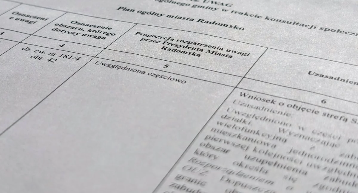 Na zdjęciu zestawienie uwag i propozycje rozpatrzenia bądź nie przygotowane przez urząd miasta