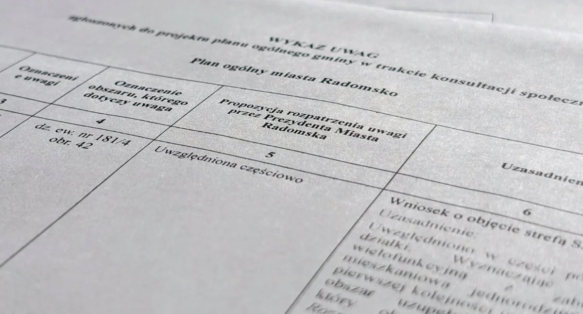 Na zdjęciu zestawienie uwag i propozycje rozpatrzenia bądź nie przygotowane przez urząd miasta