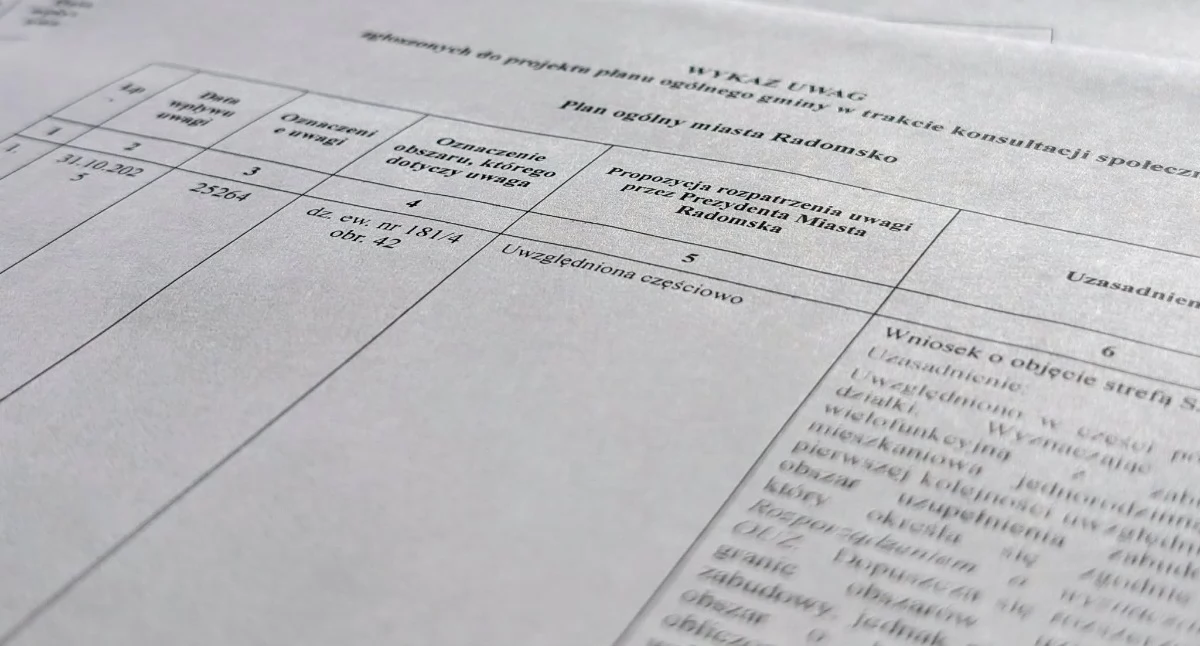 Na zdjęciu zestawienie uwag i propozycje rozpatrzenia bądź nie przygotowane przez urząd miasta