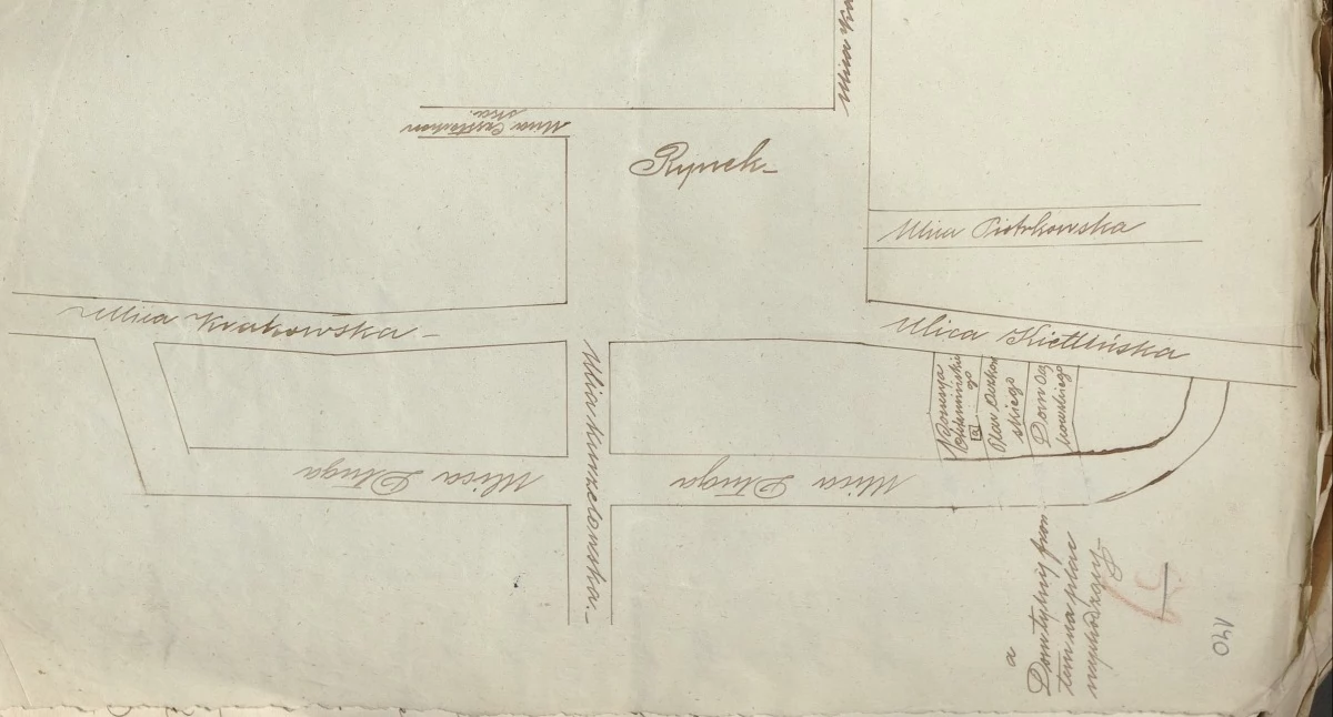 Na zdjęciu: Plan centrum miasta z zaznaczonymi posesjami Bartłomieja Oczkowskiego z 1851 r., Archiwum Główne Akt Dawnych