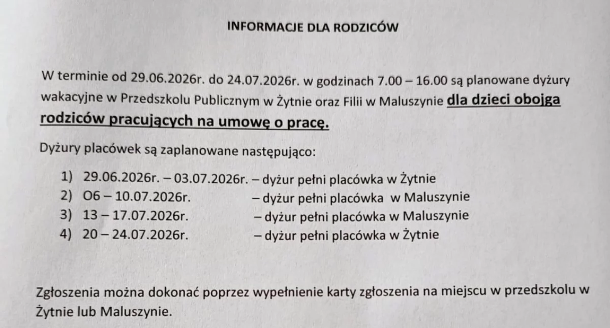 Na zdjęciu: W Żytnie dyrektor placówki dzieli rodziców ze względu na zatrudnienie