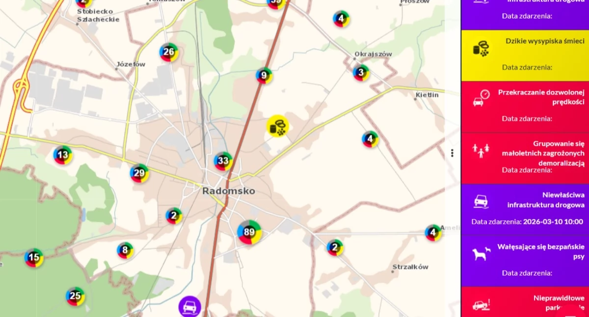 Na zdjęciu aktualne zgłoszenia na mapie zagrożeń