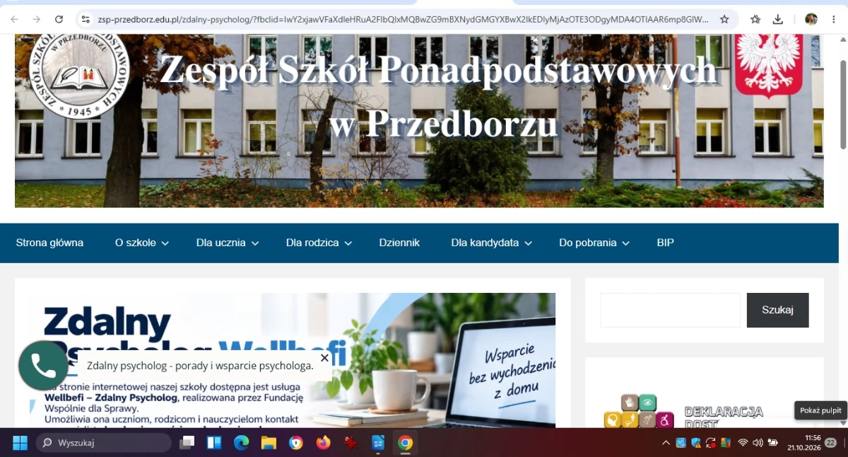 Na zdjęciu: Spotkanie odbywa się online, w ramach usługi Wellbefi – Zdalny Psycholog, fot.  Liceum Ogólnokształcące w Przedborzu