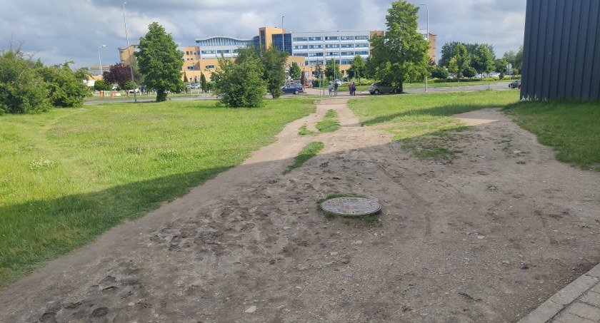 Na zdjęciu ścieżka od Carrefour do przejścia dla pieszych w stronę szpitala, którą wydeptali przechodnie