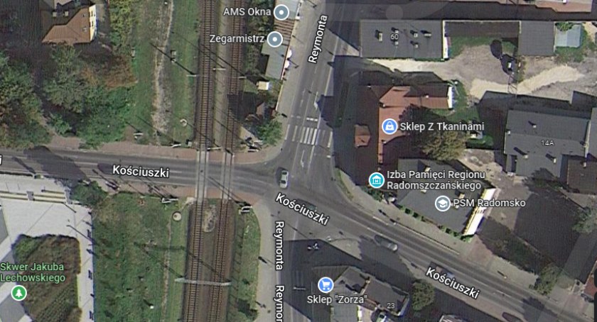 Na zdjęciu mapy Google, rejon skrzyżowania Kościuszki z Reymonta
