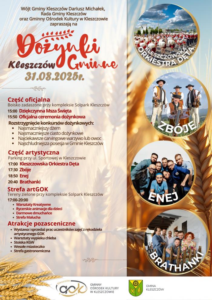 Plakat zapraszający na Dożynki Gminy Kleszczów - zobacz kto wystąpi i jaki przygotowano program