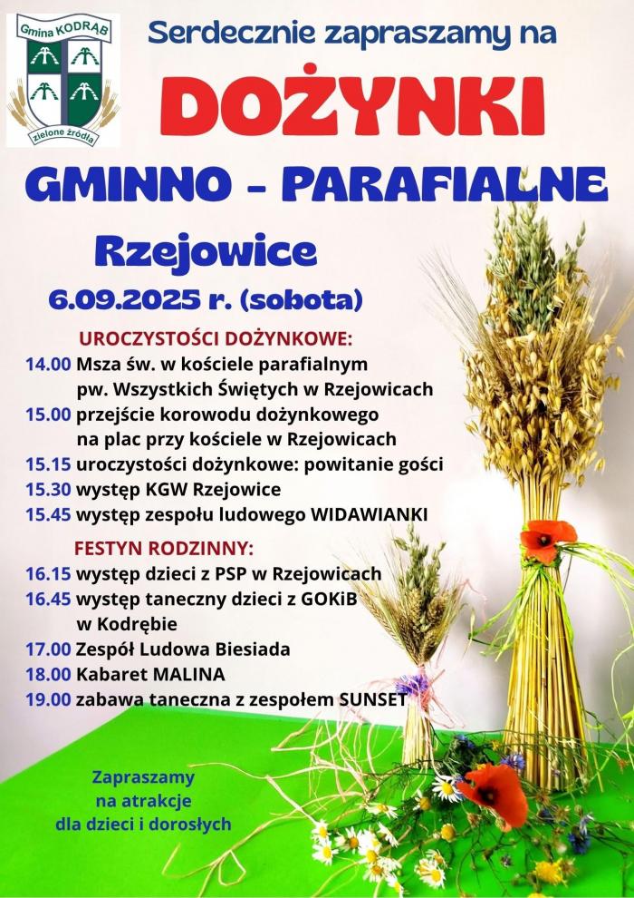 Gmina Kodrąb i parafia w Rzejowicach zapraszają na dożynki, oto plakat