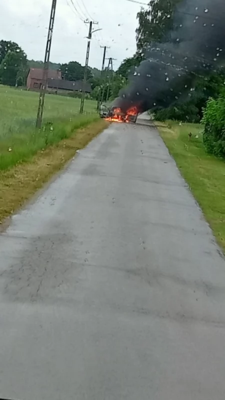 Pożar samochodu w miejscowości Kolonia Myśliwczów. Renault stanęło w płomieniach