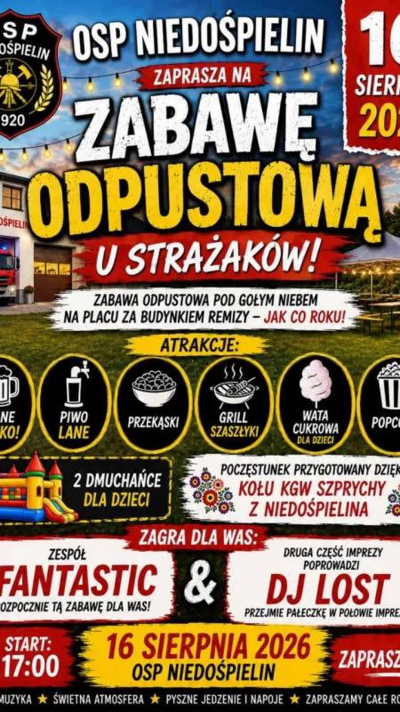 Zabawa odpustowa u strażaków w Niedośpielinie. Letni festyn pod gołym niebem w najbliższa niedzielę