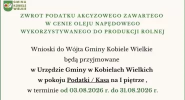 Zwrot akcyzy za olej napędowy dla rolników z gminy Kobiele Wielkie - sierpień 2026